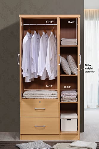 Hodedah 3-Door Armoire with 2-Drawers, 3-Shelves in Beech