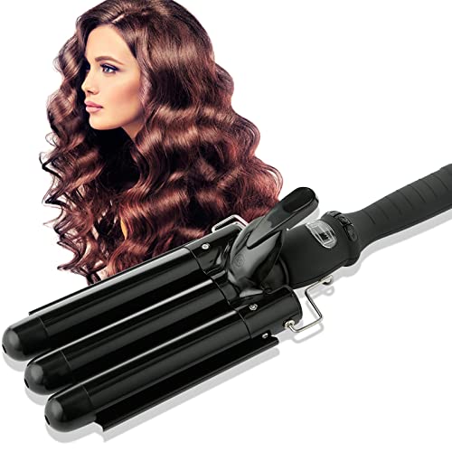 3 Barrel Curling Iron Wand with LCD Temperature Display - 1 Inch Professional Salon Ceramic Triple Barrels Curling Iron (Black)