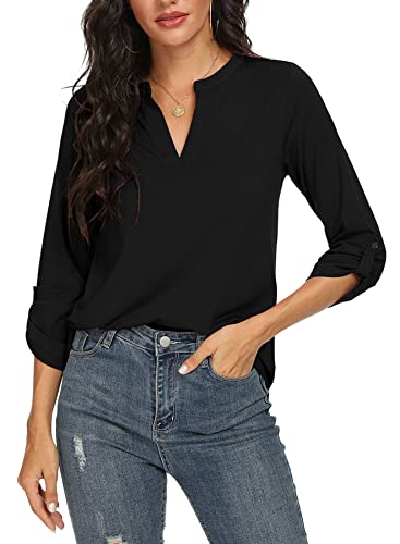 NILOUFO Womens Casual Summer Shirts Notch V Neck Blouses 3/4 Roll Sleeve Tops Tunics(Acid Blue, Medium)
