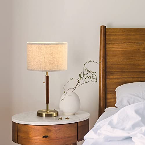 EDISHINE Mid Century Table Lamp, Bedside Lamp with Pull Chain Switch, Solid Wood & Metal Pole, Modern Nightstand Table Lamp for Living Room, Bedroom, Office, Frosted Bronze & Wood Finish