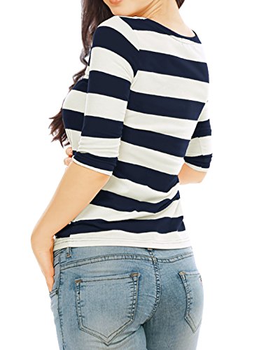 Allegra K Women's Slim Fit Elbow Sleeve Striped Boat Neck T-Shirt Small Navy Gray
