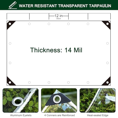 Clear Tarp with Grommets,3x6ft Transparent Heavy Duty Water Resistant Tarp Cover with Reinforced Edge,14Mil Thickened Tear Resistant PVC Vinyl Tarpaulin Enclosure for Patio,Porch and Outdoor
