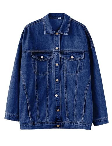 Gozoloma Women's Casual Loose Oversized Denim Jacket Button Up Long-Sleeved Jean Jacket Coat (0011-DarkBlue-XS)