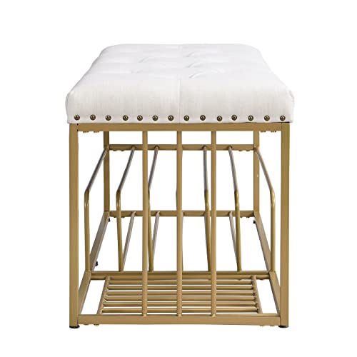 FERFALDER Linen Bench with Storage-Entryway Shoe Storage with Tufted Padded Seat,Gold Mental Frame Ottoman Bench for Bedroom Entry Window Mudroom Living Room,Beige