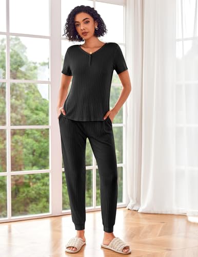 Ekouaer Pajama Sets for Womens Rib Knit Lounge Set Jogger Pants Short Sleeve Sleepwear 2 Piece Outfits Set with Pockets Black