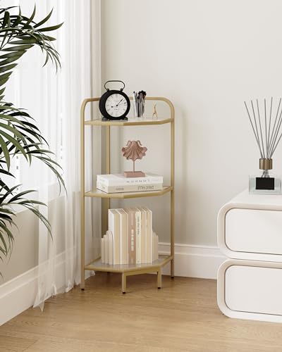 Hzuaneri Corner Shelf Stand, Glass Bookshelf Bookcase, Bathroom Organizer, Plant Stand, Steel Frame, Tempered Glass, Modern Style for Living Room, Bathroom, Kitchen, 3-Tier Golden CS90300A