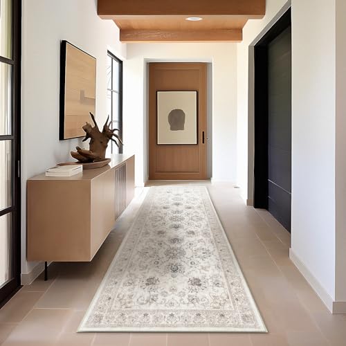 Phantoscope Hallway Runner Rug 2'x6' - Boho Washable Non-Slip Kitchen Rug Runner, Ultra-Thin Vintage Distressed Accent Throw Rug for Entryway Laundry Bathroom Bedroom, Beige/Neutral