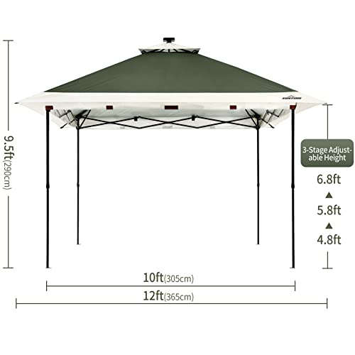 Suntime 12 x 12 Instant Pop Up Gazebo Polyester Canopy Tent Shelter with Solar LED Lights, 4 Zippered Screens, and Powder Coated Steel Frame, Green