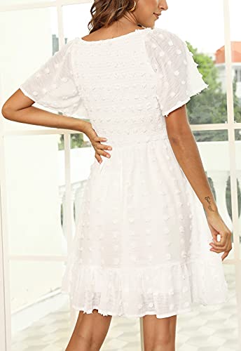 Zattcas Womens 2024 Spring Summer Beach Boho Swiss Dot Smocked Dress Short Sleeve Mini Graduation Bridal Shower Maternity Wedding Guest Dress Dusty Rose S