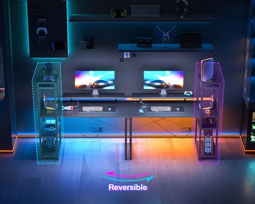 ODK Reversible Gaming Desk with USB Charging Port and LED Lights, 40 Inch Computer Desk with Storage Shelves & Monitor Stand, Study Table for Home Office, Small Space Bedroom, Carbon Fiber Black