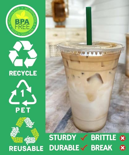 Aatriet 12 oz Clear Plastic Cups with Lids and STRAWS, Disposable Party Cups for To Go Iced Coffee Cold Drinks, Smoothie, Juice, Parfait, Frappuccino, Milkshake. No Leaking Fruit Cup, 25 Sets