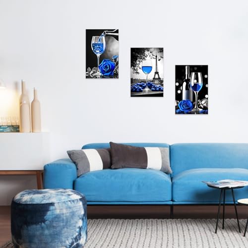 DOARTDO 3 Piece Wine Wall Art Black and White With Blue Kitchen Painting Wine Rose Prints Eiffel Tower Canvas Pictures Dining Room Home Decor (11x14inchx3P, Blue)