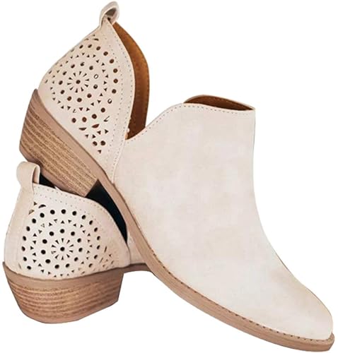 JITUUE Ankle Boots for Women Casual Cut Out Slip On Low Heel Short Chunky Stacked Heel Perforated Side V Cut Western Booties Cutout Shoes(Beige,US 6