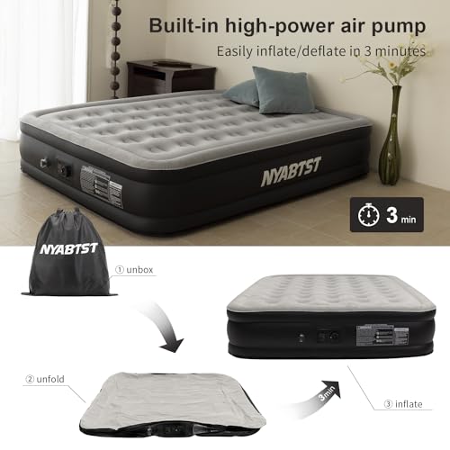 Nyabtst Air Mattress Queen with Built in Pump 16" Twin air Mattress, Soft Flocked Air Mattress with Automatic Inflation and deflation Function Very Suitable Guests Overnight,Camping and Family Game
