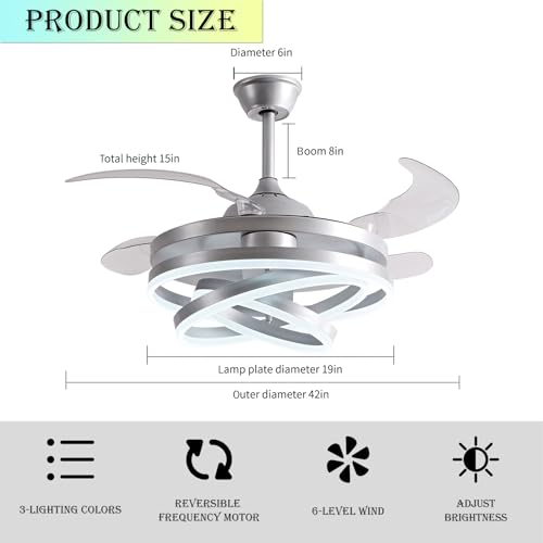 Panghuhu88 42" Invisible Ceiling Fan Chandelier Light,Modern DIY Ceiling Fan Light Remote Control 4 Retractable ABS Blades for Bedroom Living Dining Room Decoration (Silver)