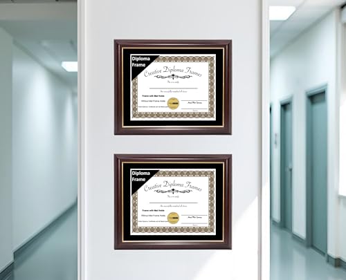Creative Picture Frames 11x14 Mahogany Gold Rim Diploma Frame with Black Mat Glass and Installed Wall Hangers | Frame Holds 12x16 Media without Mat