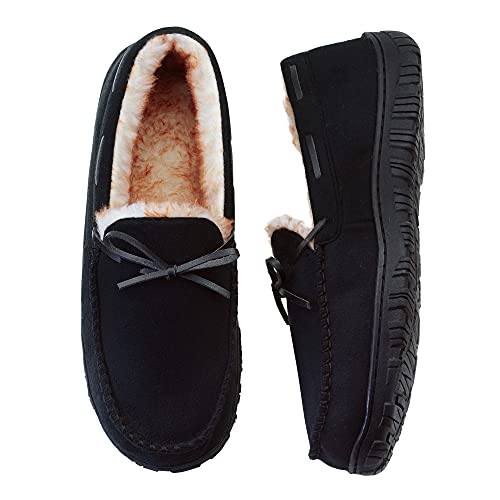VLLy Mens Slippers Moccasins for Men Plush Lined Cozy House Bedroom Slippers Comfortable Slip on Flat Shoes with Memory Foam for Indoor Outdoor Use Black Size 8 US