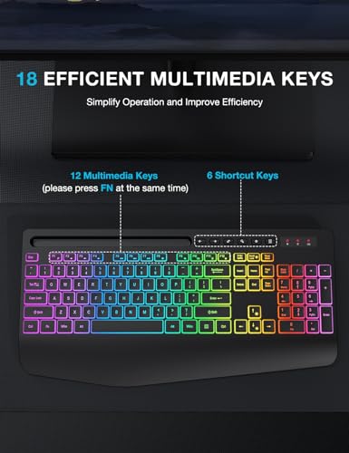 SABLUTE Wireless Keyboard with 9 Backlit Effects, Wrist Rest, Phone Holder, 2.4G Lag-Free Ergonomic Keyboards, Rechargeable Silent Cordless, for Computer, Laptop, Windows, Work, School (Keyboard Only)