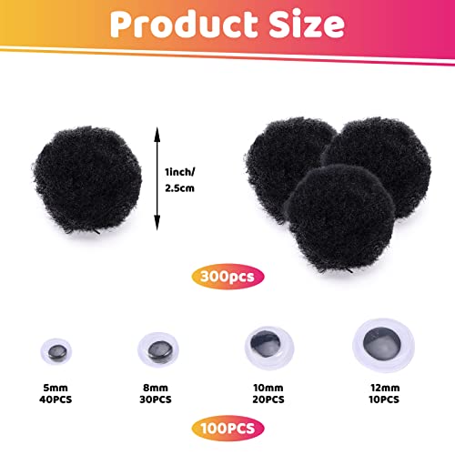 Caydo 300 Pieces 1 Inch Brown Fuzzy Pom Poms with 100 Pieces Wiggle Eyes for DIY Crafts Projects Decoration