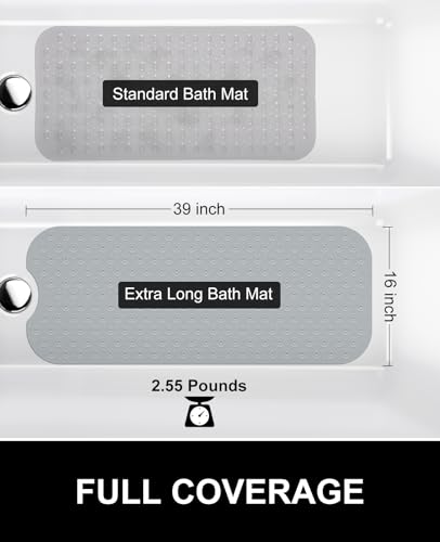 OTHWAY No Suction Cup Bath Mat: 39x16 inch Extra Long Bathmat│Perfect for Ordinary or Refinished Bath Tubs │Made of Nature Rubber│Protect Your Bathtub (Grey)