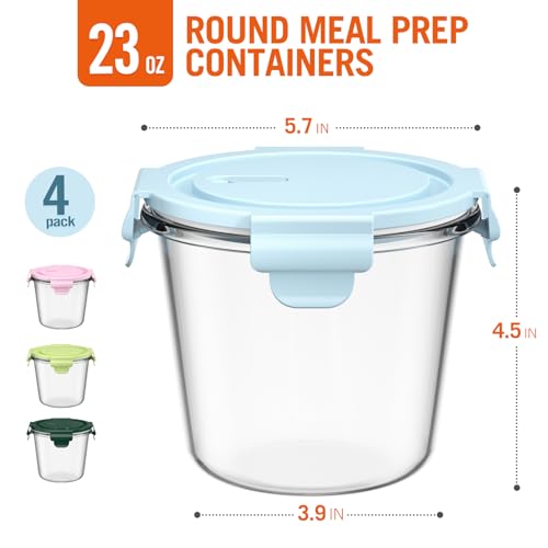 Winproper 4 Pack Glass Meal Prep Containers with Airtight Lids, Leak-proof Round Storage Containers Set, Reusable Glass Soup Containers Overnight Oats Containers for Leftover, Soup, Fruit