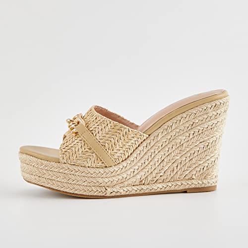 Womens Espadrille Wedge Sandals Chain Wedge Heel Platform Backless Slip On Slides Fashion Open Toe Casual Shoes 6.5