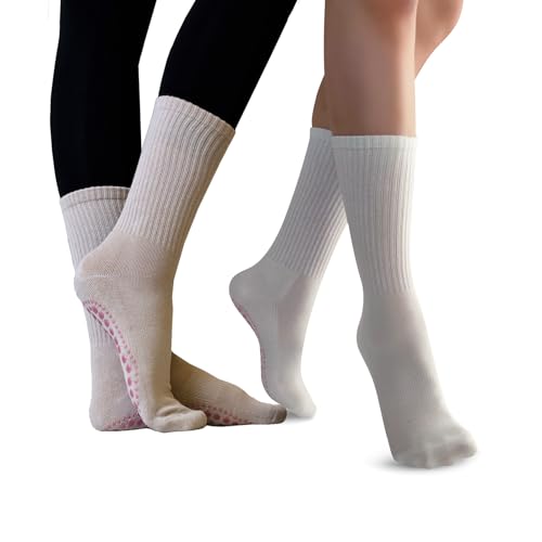 JCZANXI Yoga Socks with Grips for Women, Non Slip Socks for Yoga, Pilates, Barre, Dance | Ideal Cushioned Crew Socks (Stripe White-2PACK)