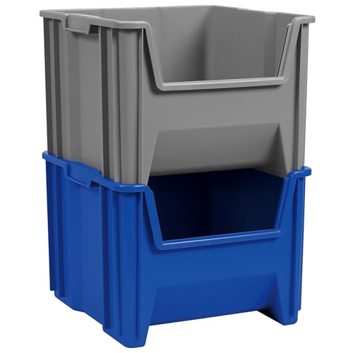 Akro-Mils 13018 Stak-N-Store Heavy Duty Stackable Open Front Plastic Storage Container Bin, (17-1/2-Inch x 16-1/2-Inch x 12-1/2-Inch), Blue, (2-Pack)