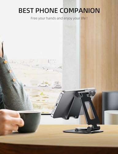 Nulaxy 360 Rotating Cell Phone Stand, Fully Adjustable Foldable Desktop Phone Holder Cradle Dock, Thick Case Friendly, Compatible with All Phones, Nintendo Switch, Black