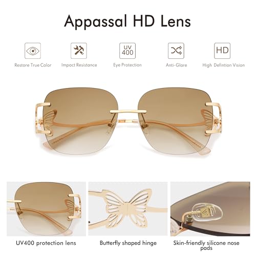 Appassal Oversized Rimless Sunglasses for Women Men Square Butterfly Y2k Sun Glasses AP3678,Gradient Brown