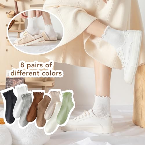 Fandecie 3 Pairs Frilly Socks Women,Ruffle Socks for Girl Women,Cute Ankle Socks for Women,Solid Color Lettuce Edge Comfort Breathable One Size 5-9,White,Black and Grey