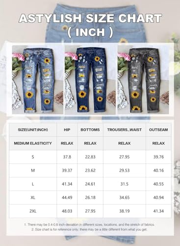 Astylish Women Floral Ripped Patchwork High Rise Washed Jeans Boyfriend Distressed Denim Pants Black Medium