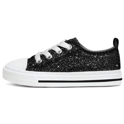 HugRain Toddler Girls Sneakers Walking Shoes Kids Child Sparkle Glimmer Fashion Glitter Adorable Lace Up Lightweight Low Top Non-Slip Outdoor Black Size 8