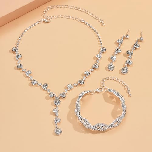 Dcfywl731 Silver Bridal Wedding Jewelry Set Rhinestone Necklace Earrings Bracelet Sets Prom Jewelry Sets Formal Costume Jewelry Accessories for Women and Brides