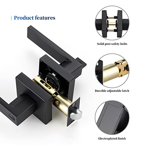 Ravinte 1 Pack Heavy Duty Door Lever Door Lock Square Door Handle Right Left Handing Lever Set Matte Black Finish Privacy Door Levers for Bed and Bath Room Keyless Interior Handles Door Lock Set