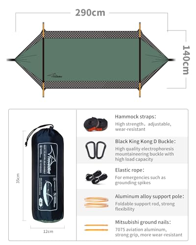 Travel Bird Camping Hammock Tent with Mosquito Net and Sunshade, Extra Large for 2 Person, Lightweight Hanging Hammocks Tree Straps Swing, Bivvy Ground Tent for Outside, Hiking, and Travel