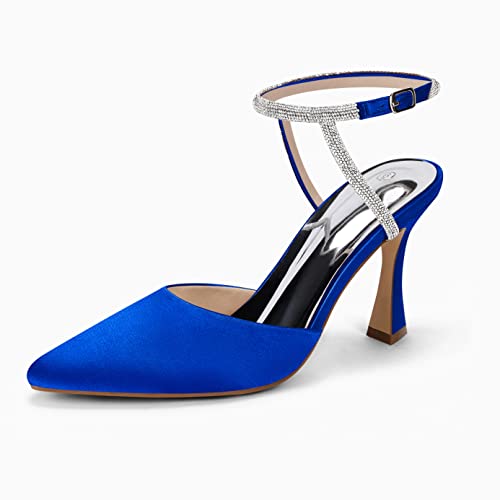 Coutgo Women Rhinestone Heels Kitten High Satin Pumps Pointed Toe Sparkly Sexy Wedding Dress Shoes Apricot