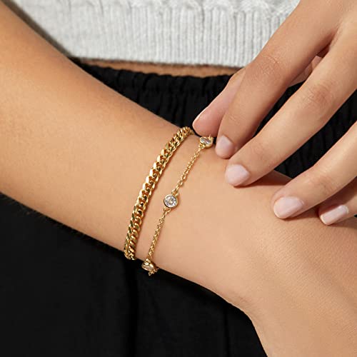 KissYan Gold Bracelets for Women, Dainty 14K White Gold Plated Layered Paperclip Tiny Pearl Cuban Link Chain Bracelet Set Adjustable Cute Jewelry Gift(G-cuban cz)