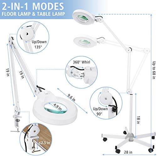 Magnifying Floor Lamp with 5 Wheels Rolling Base for Estheticians - 1,500 Lumens LED Dimmable Light with Magnifying Glass, 8-diopter Lighted Magnifier for Reading, Crafts, Sewing, Close Work(5X)