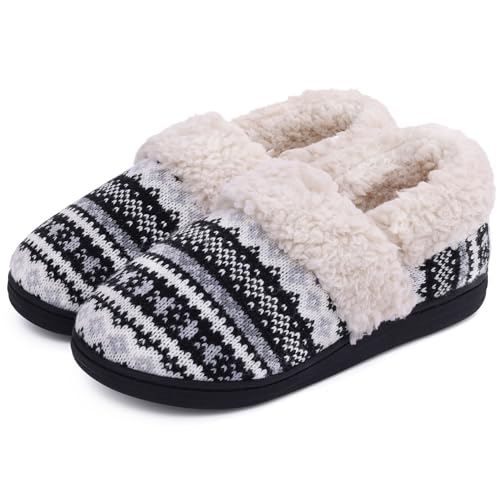Evshine Women's Fuzzy Memory Foam Closed Back Slippers Knit Fleece Lined House Shoes for Indoor & Outdoor, Black, 36-37 (Size 5-6.5)