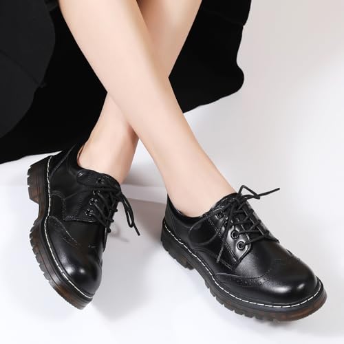 Oxford Shoes Women Slip Resistant Dress Shoes Wingtip Perforated Lace Up Low Heel Casual Work Office Dressy Business Shoes Black US 6