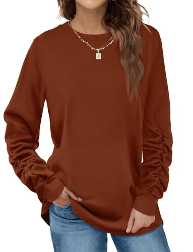Dofaoo Long Sleeve Tops for Women Loose Fit Casual Fall Sweatshirt Brown S