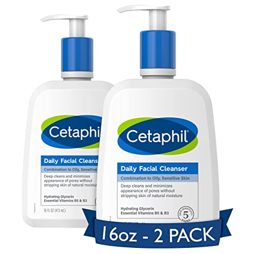 Face Wash by CETAPHIL, Daily Facial Cleanser for Sensitive, Combination to Oily Skin, NEW 16 oz 2 Pack, Gentle Foaming, Soap Free, Hypoallergenic