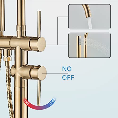 YAGATAP Freestanding Bathtub Faucet Floor Mount Tub Filler Brushed Gold High Flow Shower Faucets with Handheld Shower Mixer Taps Swivel Spout