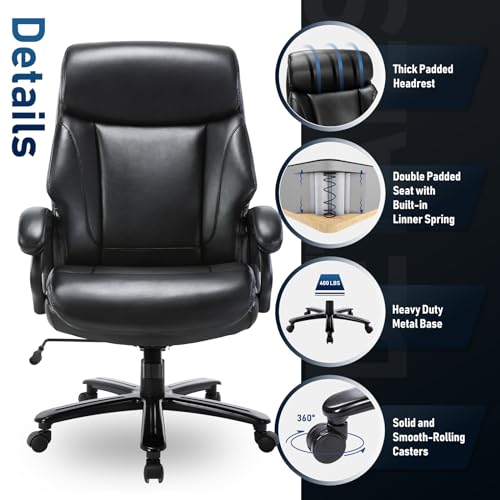Big and Tall Office Chair 400lbs-Heavy Duty Executive Desk Chair with Extra Wide Seat, High Back Ergonomic Leather Computer Chair with Tilt Rock, Padded Armrests-Black