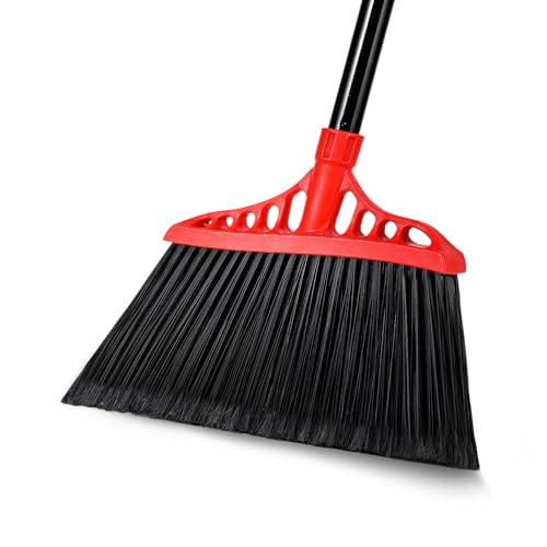 Tiumso Heavy Duty Broom, Outdoor Brooms, Commercial Broom for Sweeping Indoor, Kitchen Broom with 55" Long Handle, Angle Brooms for Patio Kitchen Shop Sidewalk - Black and Red