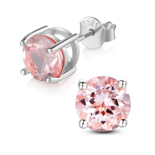JIANGXIN Round cut Peach Morganite 925 Sterling Silver Platinum Plated Stud Earrings Fine Jewelry for Women 3mm stone