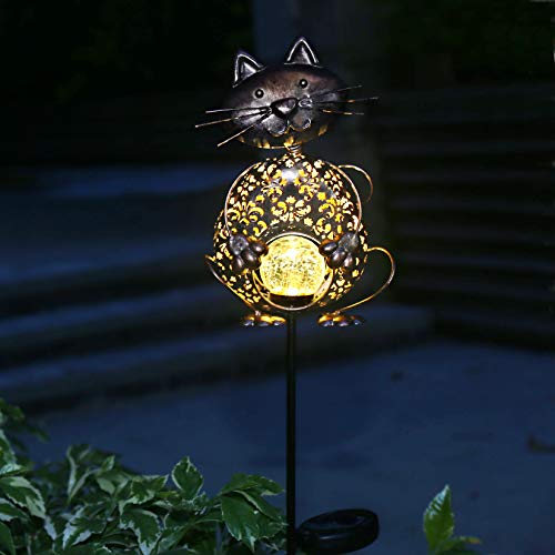 KAIXOXIN Garden Solar Lights Metal Cat Crackle Glass Globe Stake Lights,Waterproof Warm White LED Solar Path Lights (Cat-Bronze)