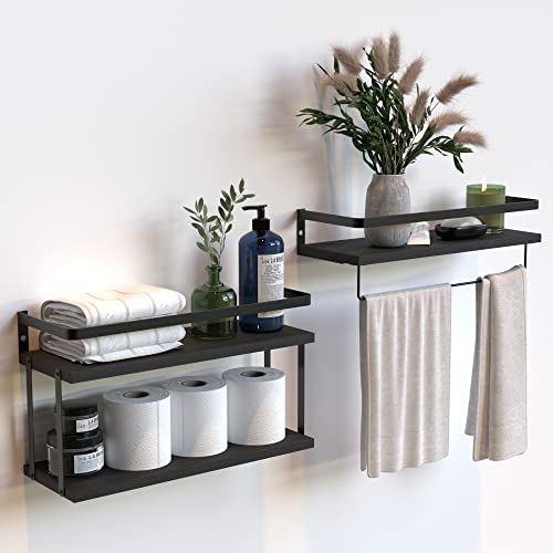 RICHER HOUSE Dual-Level Guardrail Floating Shelves, Rustic Wood Bathroom Shelf Wall Mounted, Over Toilet Paper Storage Shelves for Bathroom Wall Decor, Bathroom Organizers and Kitchen Storage - Black