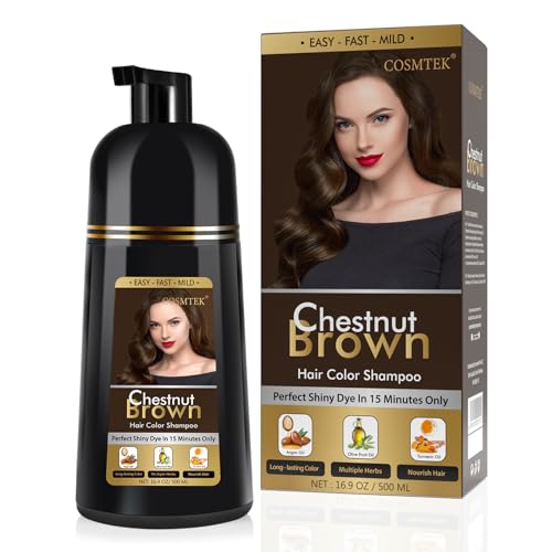 COSMTEK Chestnut Brown Hair Dye Shampoo Permanent for Men&Women,Instant Hair Color Shampoo for Gray Hair Coverage and Beard,3-In-1 Shampoo for Color Hair,500ml/No Ammonia